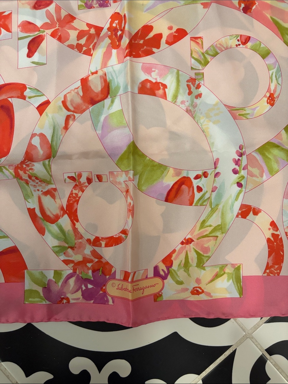 Salvatore Ferragamo Pink Floral Gancini Silk Scarf